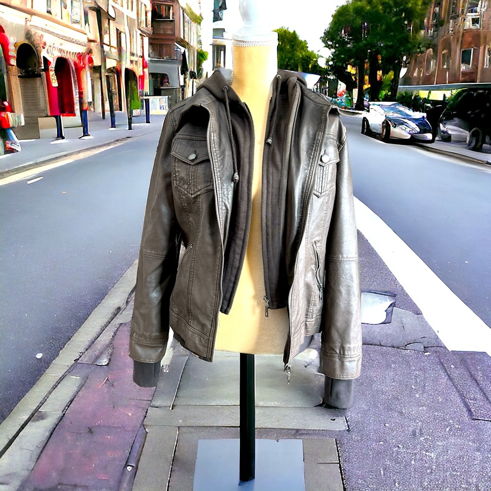 Pleather Bomber Jacket with Removable Hoodie Insert